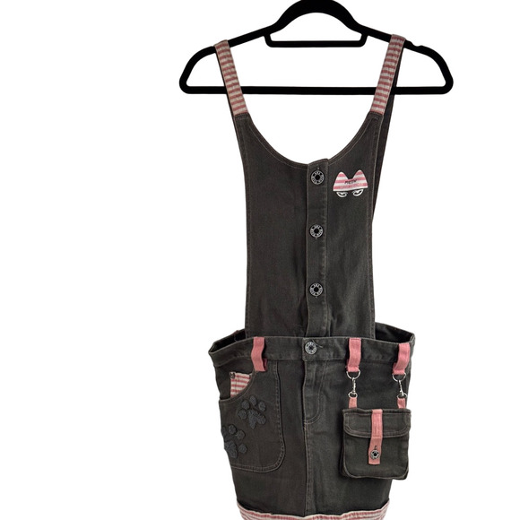 Azona a02 Black and Pink Denim Skirt with Removable Bib Button-Up Dress - Picture 1 of 15